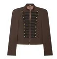 Close-up of brown military-style blazer featuring ornate black trim and gold buttons - Dark Brown