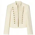 Detailed view of cream women's military blazer with gold buttons and rope frogging - XS / Tops / Beige