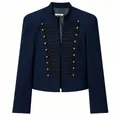 Detail view of navy military jacket featuring decorative rope braiding and gold buttons. - XS / Tops / Navy Blue