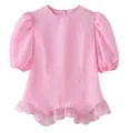 Close-up detail of a pink short sleeve puff top with delicate lace trim at the hemline - S / Tops / Pink