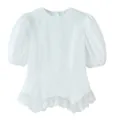Detailed close-up of white puff sleeve blouse featuring intricate lace ruffled hem - S / Tops / White