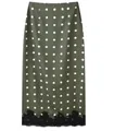 Macro detail view of olive green polka dot midi skirt featuring a black lace hem - S / Bottoms / Green