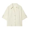 Elegant cream short sleeve button-up shirt with lapel collar and soft crinkled texture - S / Tops / Beige