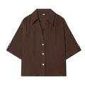 Detailed view of a brown textured short-sleeved shirt featuring a classic lapel collar - S / Tops / Coffee