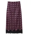 Detailed view of deep purple polka dot midi skirt with elegant black lace hem detail - S / Bottoms / Burgundy