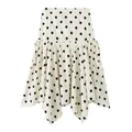Detailed view of the asymmetrical hemline and polka dot pattern on this mini skirt - XS / Bottoms / White Polka Dot