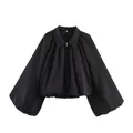 Veste aviateur noire élégante pour femme avec manches ballon et col à revers chic - S / Hauts / Noir