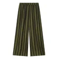 Close-up view of olive green and black striped wide-leg trousers for women with elastic waist. - XS / Bottoms