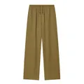 Detail view of khaki wide-leg pants with elastic drawstring waist and textured fabric - S / Bottoms / Green