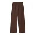 Close-up view of dark brown textured wide-leg trousers featuring an elastic waistband - S / Bottoms / Coffee
