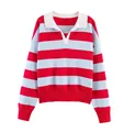 Close-up of the red and blue striped color-block knitwear with a white polo collar - S / Tops / As Shown