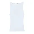 Detailed view of a minimalist white sleeveless boat neck T-shirt with clean stitching. - S / Tops / White