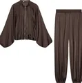 Elegant brown satin two-piece set featuring a bubble sleeve bomber jacket and harem pants - S / Top And Bottom / Brown