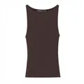 Detailed front view of a minimalist dark brown sleeveless tank top in slim fit style - S / Tops / Coffee