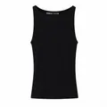Minimalist black sleeveless T-shirt with round neck and brand tag detail - S / Tops / Black