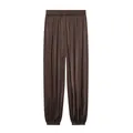 Elegant dark brown satin lantern pants with elasticated waist and pleated details. - S / Bottoms / Brown