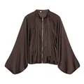 Dark brown satin bomber jacket with oversized puff sleeves and front zipper closure - S / Tops / Brown