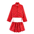 Ensemble décontracté rouge à pois avec chemise courte à manches longues et short - XS / Haut Et Bas / Rouge à Pois