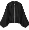 Elegant women's black satin bomber jacket featuring oversized bubble sleeves and front zipper - S / Tops / Black