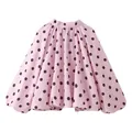 Elegante camicia rosa a collo alto con grandi maniche a lanterna e classici pois neri - Taglia S / Top / Rosa a Pois