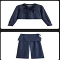 Casual dark blue denim two-piece set featuring a bow short top and matching wide leg pants - S / Top And Bottom