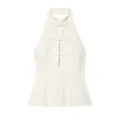 Weiße Neckholder-Bluse mit eleganten chinesischen Knotenknöpfen in Detailansicht. - XS / Oberteile / Weiß