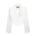 Dettaglio del blazer corto in raso bianco con schiena scoperta e trama lucida - XS / Top