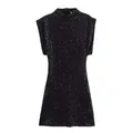 Close-up view of black sequined mini dress featuring structured shoulder pads detail - XS / Dresses / Black
