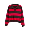 Detailed front view of a red and brown striped long-sleeve polo knit sweater with V-neck - S / Tops / Red and Brown Striped