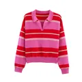 Detailed view of pink and red striped polo collar knit sweater with ribbed cuffs and hem - S / Tops / Red and Magenta Striped