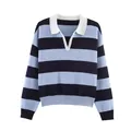 Women's blue horizontal striped polo neck knit sweater top for spring autumn fashion style - S / Tops / Black and Blue Striped