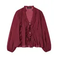 Elegante blusa burdeos con volantes, cuello en V, capas escalonadas y mangas farol - XS / Burdeos