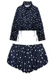 Detalle del conjunto de chaqueta y pantalones cortos de lunares con cordones laterales - XS / Top Y Pantalón / Azul marino