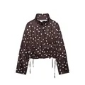 Vista dettagliata della giacca a pois marrone con collo alto e coulisse laterali arricciate - XS / Top (A03) / Marrone