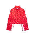 Vista dettagliata della giacca rossa a pois da donna con collo alto e orlo con coulisse - XS / Top (A03) / Rosso