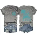 Grey women's T-shirt and denim shorts set with turquoise beach life graphic prints - S / Tops / Dark Gray