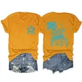 Detailed front and back view of mustard yellow women's T-shirt with Life's a Beach beach print - S / Tops / Mustard Yellow