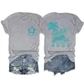 Macro view of women's gray T-shirt set with front and back Life's a Beach graphic prints. - S / Tops / Light Gray