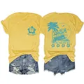 Vues détaillées avant et arrière du T-shirt jaune femme avec imprimés de vagues tropicales. - Jaune