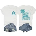 Vue détaillée de l'ensemble t-shirt blanc imprimé de plage et short en jean bleu - Blanc