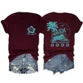 Vue détaillée montrant le devant et le dos du t-shirt bordeaux femme Life's a Beach - Bordeaux