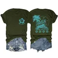 Détails avant et arrière du t-shirt femme vert olive avec motif Life's a Beach. - Vert Militaire