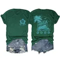 T-shirt vert pour femme avec imprimé tropical de plage vue recto et verso détaillée - Vert Vintage