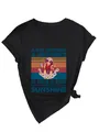 Schwarzes V-Ausschnitt T-Shirt mit Vintage-Grafik einer rothaarigen Frau und Spruch. - Schwarz