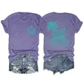 Vue détaillée de l'avant et de l'arrière du t-shirt violet pour femmes avec imprimé - Violet