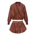 Ensemble élégant veste en similicuir marron et jupe bulle assortie pour femmes - XS / Haut Et Bas / Marron