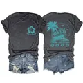 T-shirt gris à manches courtes pour femmes avec motif de plage et vagues bleu ciel - Gris Chiné Noir