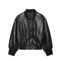 Vue détaillée d'un blouson aviateur en similicuir noir avec poignets côtelés et coutures zigzag. - XS / Hauts / Noir