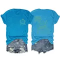 Vues avant et arrière du t-shirt bleu graphique pour femmes avec short en jean denim - Bleu lac