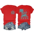 Vue avant et arrière du t-shirt rouge avec imprimé 'Life's a Beach' et short en jean - Rouge